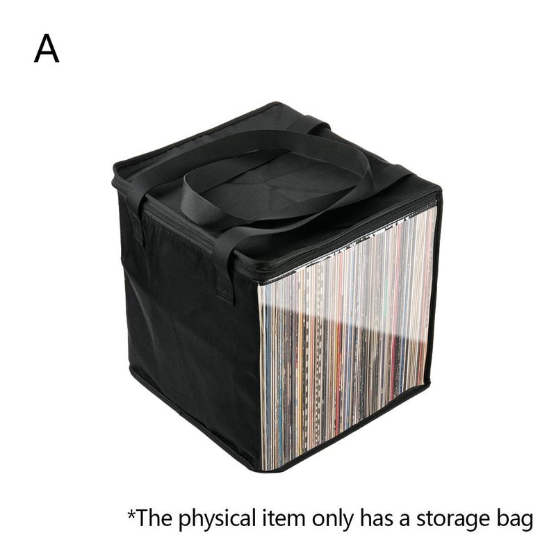 Portable carrying case for vinyl records; suitable for storing albums, records, magazines, and displaying items.